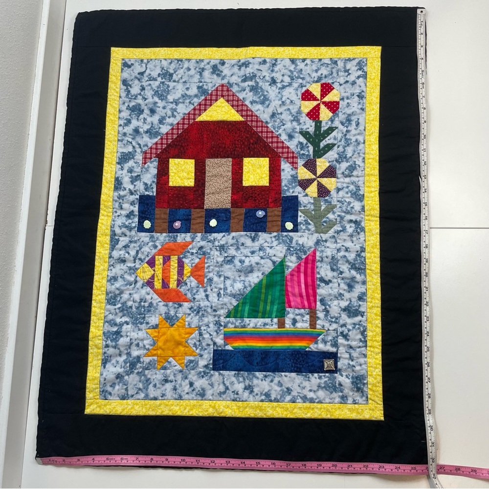 Handmade Patchwork Quilt Folk Art House Sailboat Kids Room Wall Decor